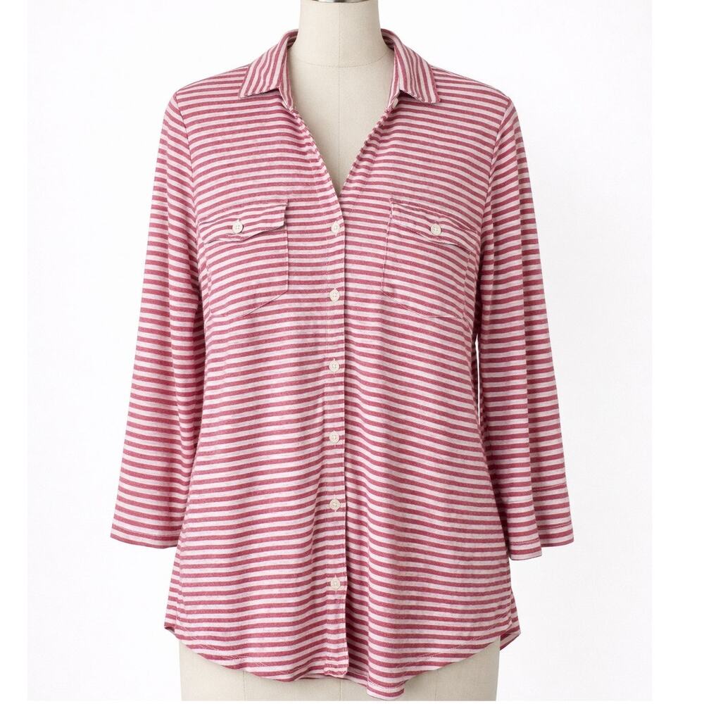 J. McLaughlin Brynn Linen Stretch Top Women's M Red White Stripe 3/4 Sleeve